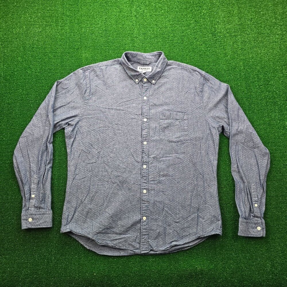 Express Shirt Mens XL Blue Polka Dots‎ Soft Wash Button Down Long Sleeve Preppy